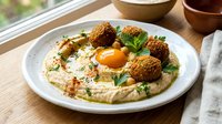 Middle Eastern breakfast plate with creamy hummus, crispy falafel balls, fried egg and fresh herbs on wooden table for healthy Mediterranean cuisine.