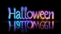 Glowing neon Halloween text with colorful gradient lighting effects on black background for party invitations and seasonal marketing campaigns.