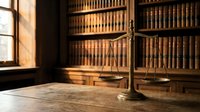 Classic brass scales of justice on wooden desk in traditional law library with leather-bound legal books and warm natural lighting for legal services.