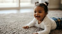 Happy mixed-race toddler girl with pigtails crawling on soft carpet at home, smiling joyfully during playtime in bright living room for family lifestyle content.