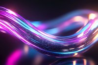 Glowing neon waves with pink and blue light trails creating dynamic motion effect against dark background, abstract modern design for technology concepts.