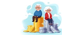 Senior couple sitting on stacks of coins planning retirement savings and financial security for golden years together.