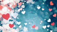 Romantic hearts bokeh effect on turquoise blue background with red and white heart shapes floating in dreamy pattern. Suitable for Valentine's Day designs.