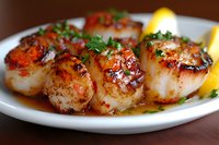 Pan-seared scallops with caramelized crust garnished with fresh herbs and lemon wedges on white plate, served in butter sauce with rich golden-brown color.