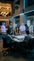 Business team meeting in modern office with holographic display technology and futuristic lighting for corporate presentations and strategy planning.