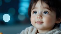 Young child with bright blue eyes and dark hair gazes upward with wonder against blurred bokeh lights background, wearing cozy beige sweater, expressing innocence and curiosity.