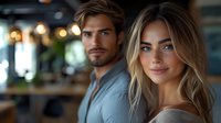 Young attractive couple at restaurant with blurred background, romantic evening atmosphere. Blonde woman with blue eyes and bearded man looking at camera.
