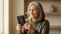 Mature Caucasian woman with gray hair holding US passport, smiling while planning travel adventure in cozy home interior for retirement vacation dreams.