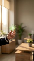 Businessman hand holding glowing green lightbulb icon in modern office interior with natural sunlight and plants for eco-friendly innovation concepts.