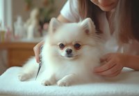 Fluffy white Pomeranian dog at grooming salon with female groomer. Pet care and professional grooming service concept.
