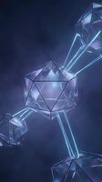 Luminous geometric crystal structures with glowing neon edges connected by bright light beams on dark blue background. Suitable for technology, innovation, and digital design projects.