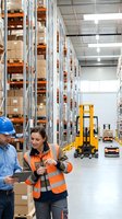 Warehouse workers in safety vests discussing logistics operations in modern distribution center with forklift and storage racks for supply chain management.