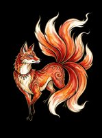Mythical fox with flowing fiery tail and ornate body patterns, isolated on transparent background. Ready for t-shirts, stickers, clipart, sublimation, and print-on-demand designs.