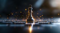 Chess king piece on reflective surface with dramatic lighting and bokeh effects in background, creating mysterious atmospheric mood for strategy concepts.