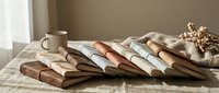 Stack of vintage books with worn covers on wooden table beside window with coffee cup and cozy knitted blanket creating warm reading atmosphere.