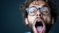 Young bearded man with glasses yawning, showing tiredness and exhaustion against dark background, expressing fatigue and need for sleep or rest.