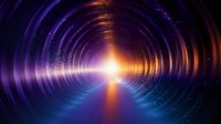 Futuristic tunnel with glowing light at end, purple and orange colors creating sci-fi atmosphere for technology and space concepts.
