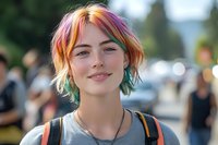 Young woman with vibrant rainbow colored hair smiling outdoors on sunny day, wearing casual grey t-shirt and backpack, natural makeup and confident expression.