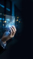 Businessman hand holding transparent digital tablet displaying glowing financial growth chart with upward trending lines and data visualization for business analytics and investment.