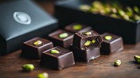 Dark chocolate bonbons filled with pistachio ganache arranged on rustic wooden surface, garnished with crushed nuts. Luxury confectionery with selective focus.