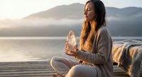 Young woman meditating with crystal at sunrise by mountain lake, practicing mindfulness and spiritual wellness in peaceful natural setting.