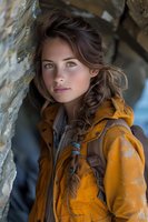 Young Caucasian woman with long brown hair and striking amber eyes wearing yellow outdoor jacket and backpack, leaning against rock formation in natural lighting.