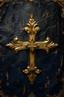 Ornate golden cross with baroque flourishes on dark textured background with decorative border frame for religious and spiritual design projects.