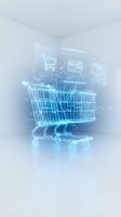 Digital shopping cart hologram with glowing blue wireframe and ecommerce icons floating above, representing online retail technology and virtual commerce.