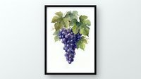Watercolor grape cluster with green leaves on white background, botanical illustration for kitchen decor, wine labels, culinary art prints.