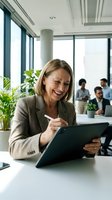 Smiling mature businesswoman writing on tablet in modern office with colleagues in background. Professional corporate environment for business presentations.