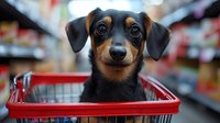 Adorable miniature pinscher puppy sitting in red shopping cart at pet store, looking at camera with expressive eyes against blurred store background.