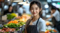Young Asian female chef smiling in professional kitchen wearing apron with fresh vegetables and cooking staff in background for culinary business content.