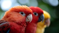 Two colorful parrots with vibrant red and orange plumage sitting close together, showcasing tropical bird companionship and exotic pet relationship.