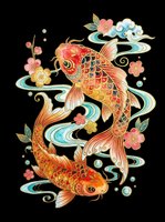 Ornamental koi fish with flowing fins and scales in red and gold tones, surrounded by decorative flowers, swirling water patterns, and botanical elements. Isolated on transparent background, ready for t-shirts, stickers, sublimation, and print-on-demand designs.