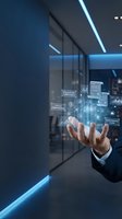 Businessman hand holding glowing digital icons of regulatory compliance, policy frameworks and governance flow in modern office.