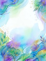 Watercolor floral frame with vibrant purple, blue, and green botanical elements, gold accents, and splashes isolated on white background for design projects.