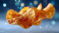 Crispy golden potato chips floating in air against blurred blue bokeh background, macro food photography showing detailed texture and translucent edges.