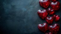 Red glass heart decorations arranged on dark textured background with copy space, romantic Valentine's day concept for greeting cards and social media posts.