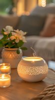 Glowing ceramic aroma diffuser with delicate pattern creates cozy atmosphere alongside lit candles and white flowers in vase, warm evening ambiance on wooden surface.