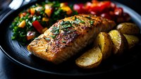 Grilled salmon fillet with herbs and roasted potatoes served with fresh vegetable salad on dark plate. Healthy dinner meal with fish and vegetables.
