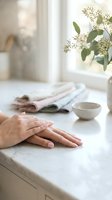 Woman hands resting on white marble kitchen counter with eucalyptus flowers and ceramic bowl in soft natural light creating peaceful morning atmosphere.