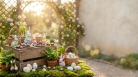 Easter decoration with colorful eggs, bunny figurines and spring flowers in rustic wooden crates on moss-covered ground with warm sunlight bokeh.