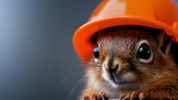Adorable squirrel wearing orange construction hard hat against dark background, close-up portrait showing curious expression and bright eyes. For safety and humor concepts.