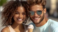 Young diverse couple sharing ice cream cone outdoors on sunny day. African American woman with curly hair and Caucasian man with sunglasses enjoying summer treat.