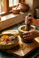 Traditional spice grinding with stone mortar and pestle in rustic kitchen. Hands preparing aromatic spices and herbs for authentic cooking and culinary arts.