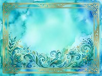 Turquoise watercolor background with ornate golden decorative border and flourishing botanical elements, suitable for invitations, cards, and design projects.