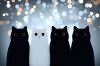 Four cats silhouettes against blurred bokeh lights background, one white cat among three black cats with glowing eyes creating mysterious atmospheric scene.