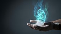 Glowing kidney organ floating above open palm with ethereal blue flames on dark background for medical healthcare concepts.