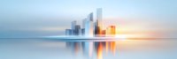 Modern city skyline reflecting in calm water at sunrise, minimalist panoramic view with glass skyscrapers and golden sunlight creating mirror effect.
