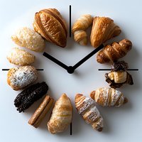 Assorted fresh pastries arranged in circle forming clock face with black hands showing breakfast time on white background.